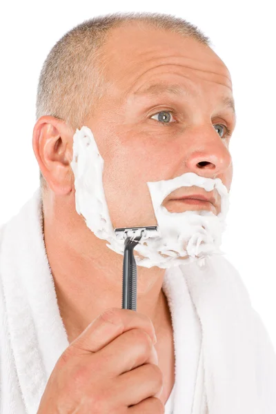 Male cosmetics - Mature man shaving his beard — Stock Photo, Image