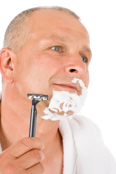 Male cosmetics - Mature man shaving his beard — Stock Photo, Image