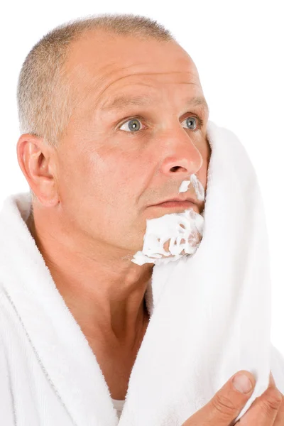Male cosmetics - Mature man aftershave wipe foam — Stock Photo, Image