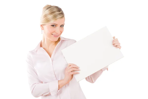 Happy businesswoman hold aside empty white banner — Stock Photo, Image