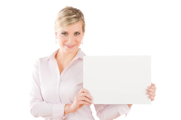 Happy businesswoman hold aside empty white banner — Stock Photo, Image