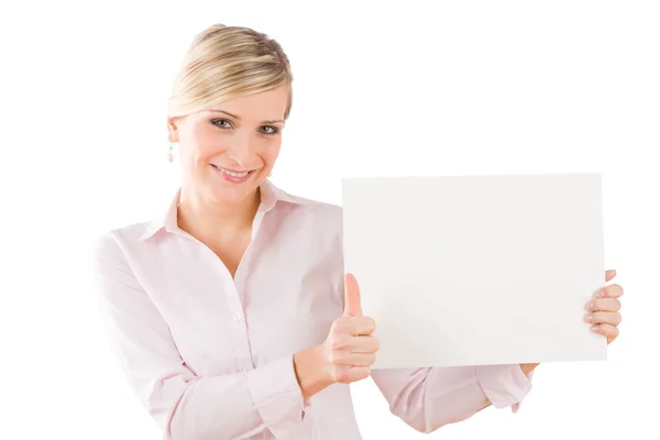Happy businesswoman hold empty banner thumbs up — Stock fotografie