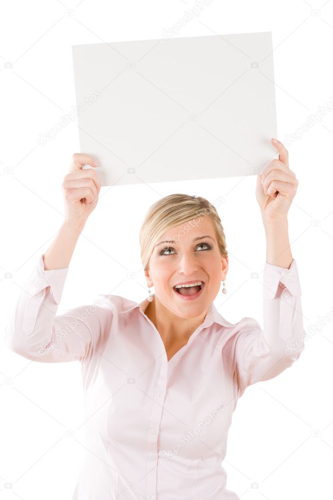 Happy businesswoman hold up empty banner