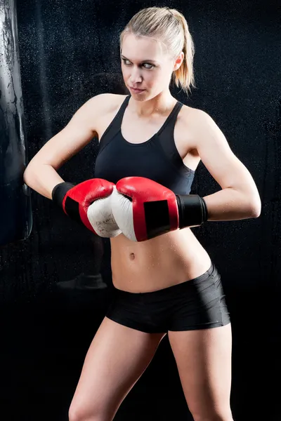 Seksi boks eldivenleri spor eğitim kadınla — Stok fotoğraf