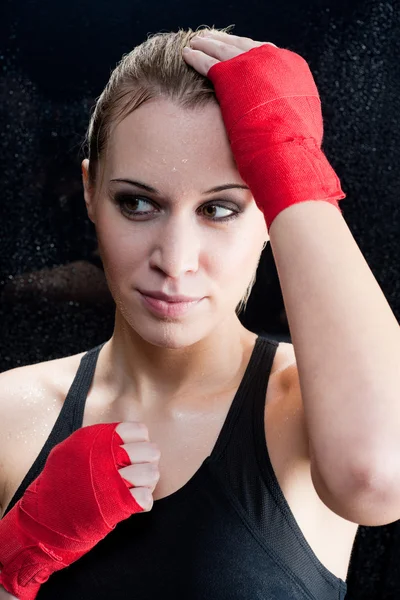Portrait - Boxing training blond woman sparring — Stock Photo, Image