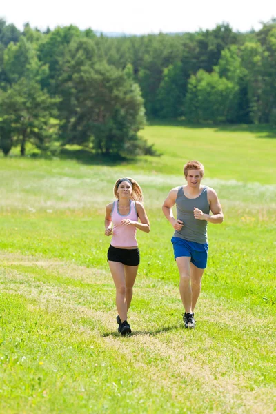陽気な若いカップル ジョギング草原の日当たりの良い夏 — ストック写真