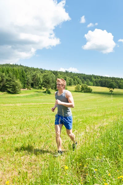 Sportive young man jogging meadows sunny summer — Stock Photo, Image