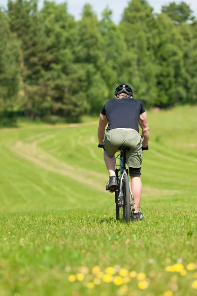 Homem esportivo montanha ciclismo downhill ensolarado prados — Fotografia de Stock
