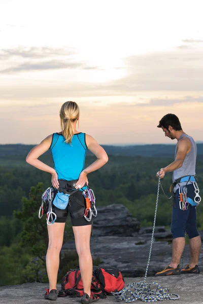 Rock climbing active on top sunset — Stock Photo, Image