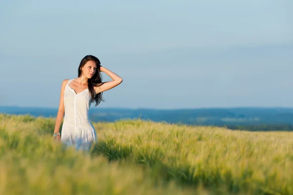 Solnedgång sädesfält vacker brunett kvinna promenad — Stockfoto