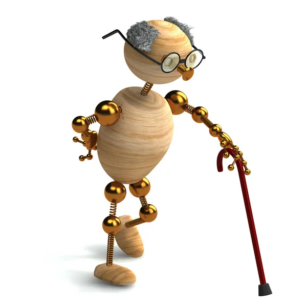 3D-hout man oude met wandelstok — Stockfoto