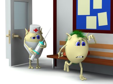 3d character is running away form doctors room clipart