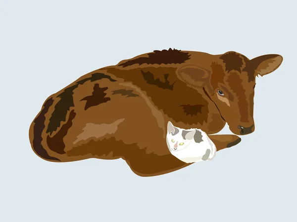 Иллюстрация теленка и белого кота — стоковое фото