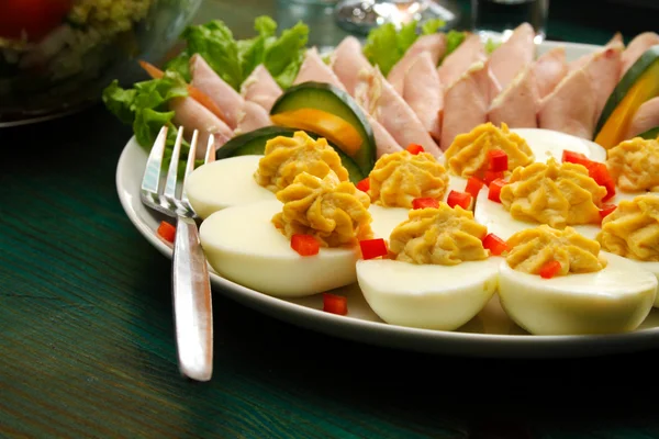 Eggs and pork on table — Stock Photo, Image