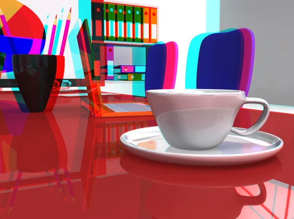 Escritorio de oficina estereoscópico 3D con computadora portátil y café —  Fotos de Stock