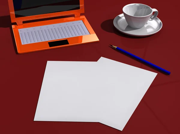 Biurko z dokumentów, laptop, ołówek i Puchar — Zdjęcie stockowe