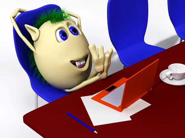 Marionet rust achter oranje laptop op stoel — Stockfoto