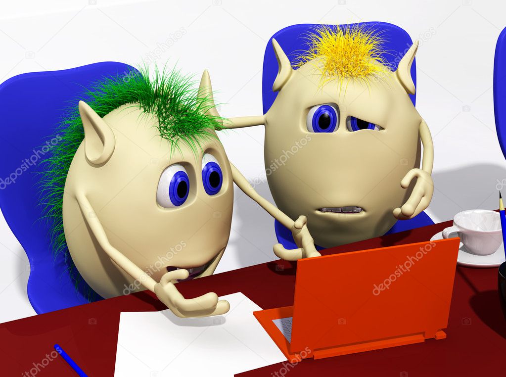 Two puppets looking at laptop with sorrow