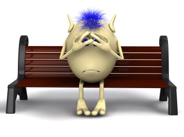 Haired shamed puppet sitting on brown park bench clipart