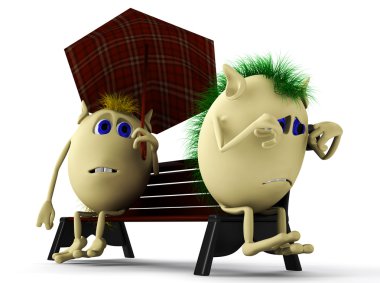 Look on puppets sitting on brown bench clipart