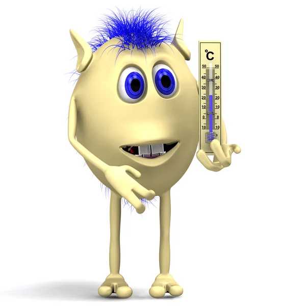 Haired puppet holding big plastic thermometer — Stock Photo, Image