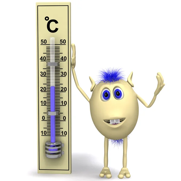Haarige fröhliche Puppe steht in der Nähe des großen Thermometers — Stockfoto
