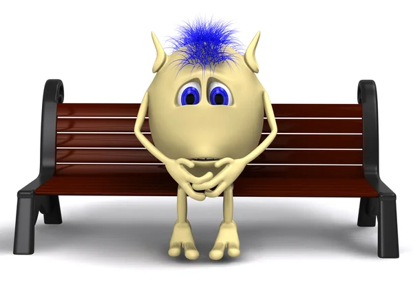 Haired puppet thinking on brown park bench — Stock Photo, Image