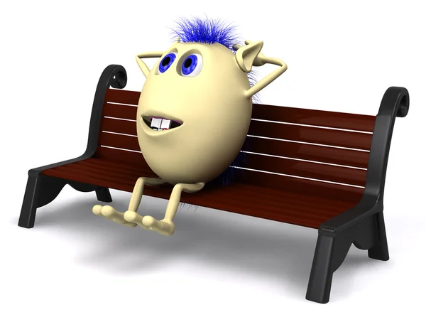 Haired puppet resting on brown park bench — Stock Photo, Image