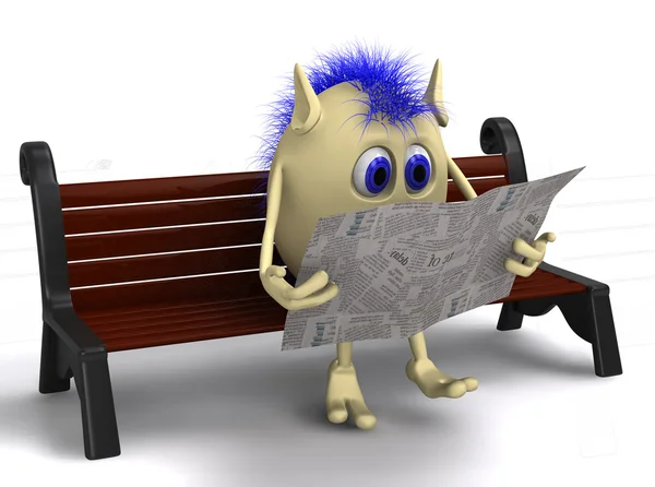 Haired 3D puppet reading newspaper on bench — Stock Photo, Image