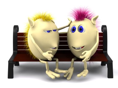 Look on puppets sitting on brown bench clipart