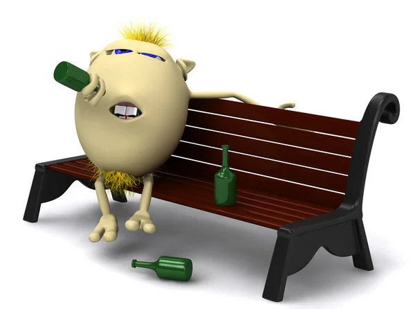 Haired drunkard puppet sitting on park bench — Stock Photo, Image