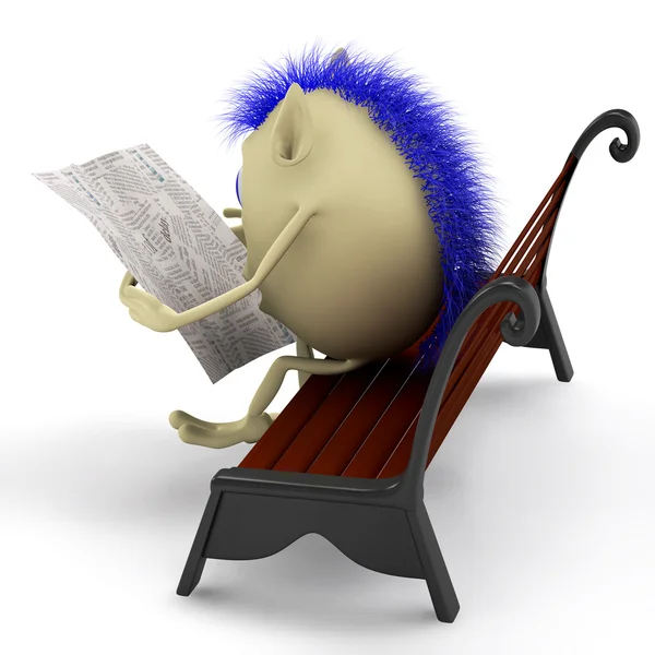 Marionette liest Zeitung auf Bank — Stockfoto