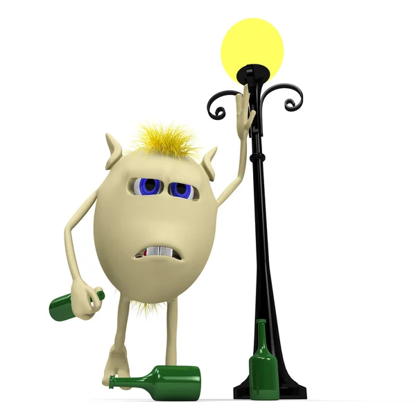 Haired drunkard puppet standing near metal latern — Stock Photo, Image
