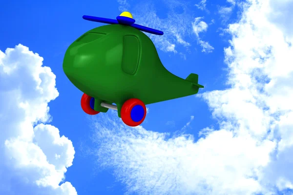 Helicóptero verde con neumáticos vuelan en el cielo — Foto de Stock