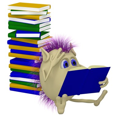 3D puppet sitting before pile of books clipart