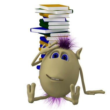 3D puppet sitting before pile of books clipart