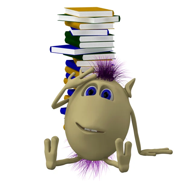 3D puppet sitting before pile of books — Stock Photo, Image