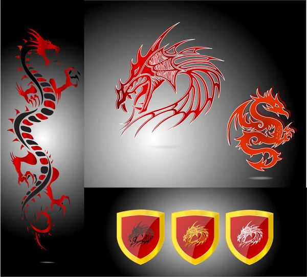Emblemas y dragones de color rojo aislado — Vector de stock