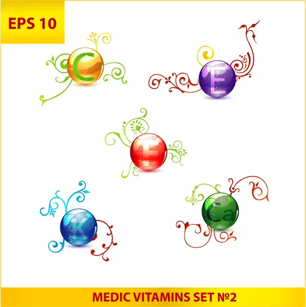 Ensemble de capsules vitaminiques médiques brillantes et colorées — Image vectorielle
