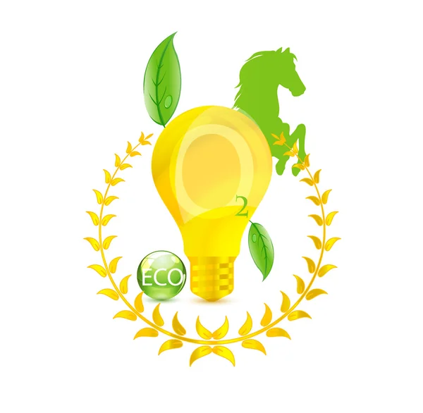 Eco gold bulb and green leafs sign — Stock Vector