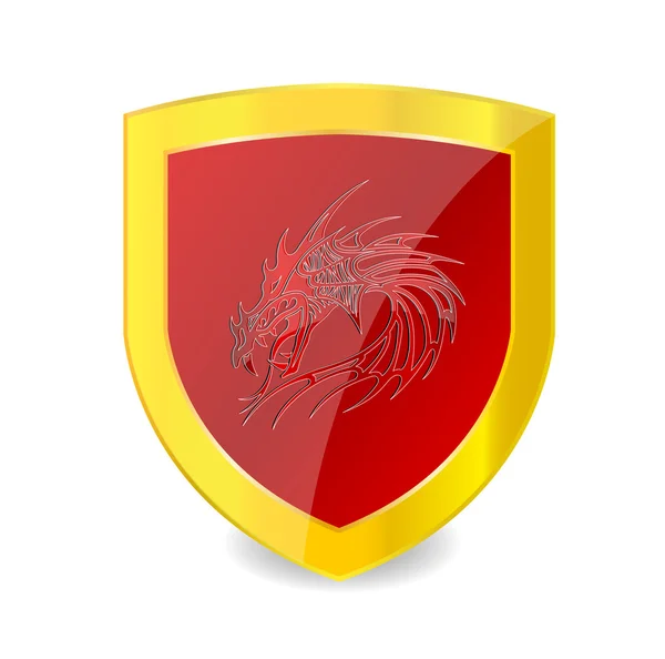 Червоний дракон на червоній емблемі і золотий сміливіший — стоковий вектор