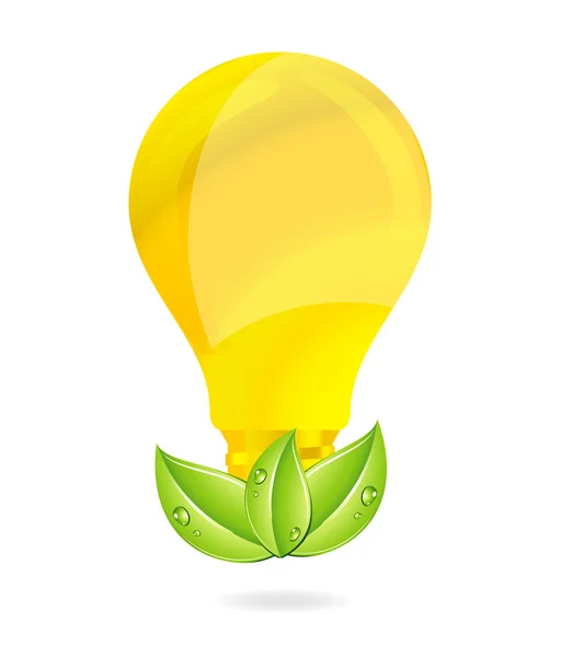 環境創造的なゴールドの電球と緑の葉 — ストックベクタ