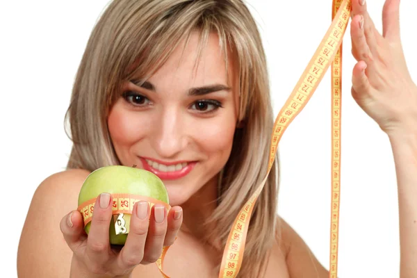 stock image Woman holding an apple on a white background