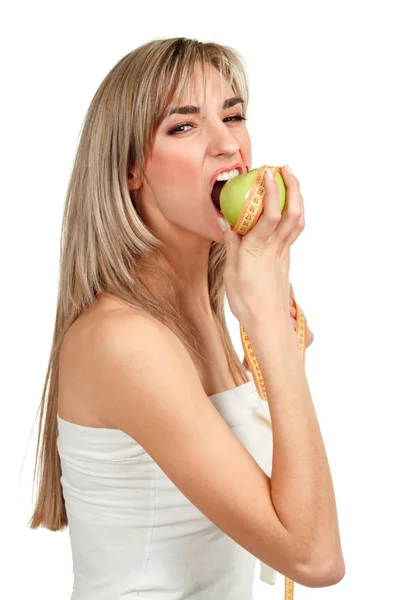 stock image Woman holding an apple on a white background