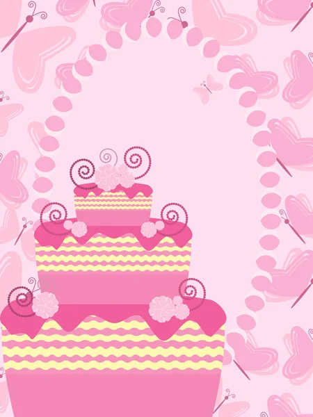 Cartão com bolo de casamento e borboletas — Vetor de Stock