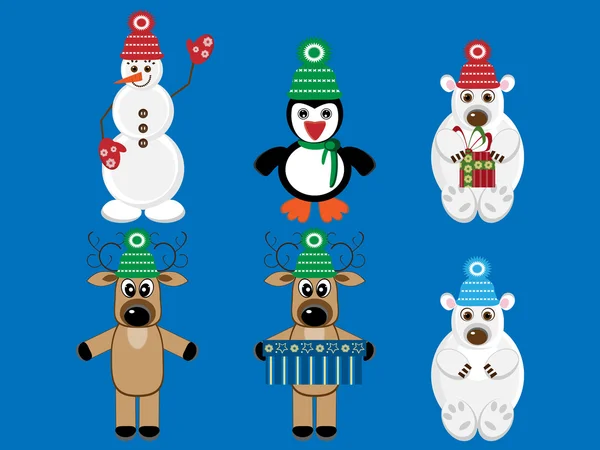 Verzameling van grappige dieren en sneeuwpop — Stockvector