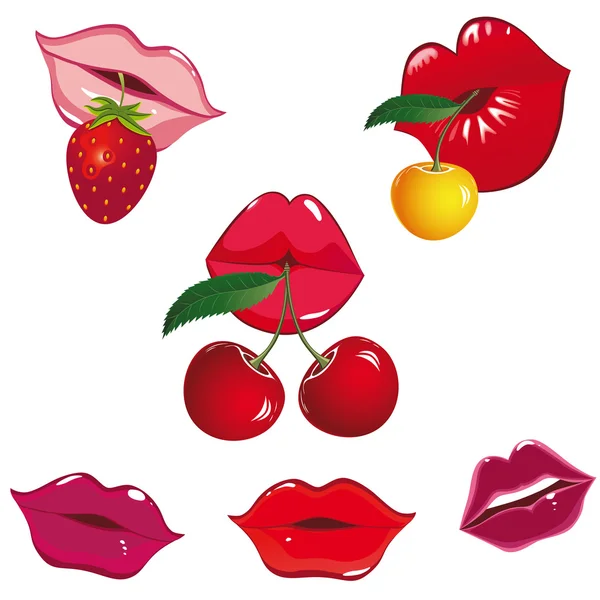 Set of glossy lips in tender berry kiss. — Stock Vector