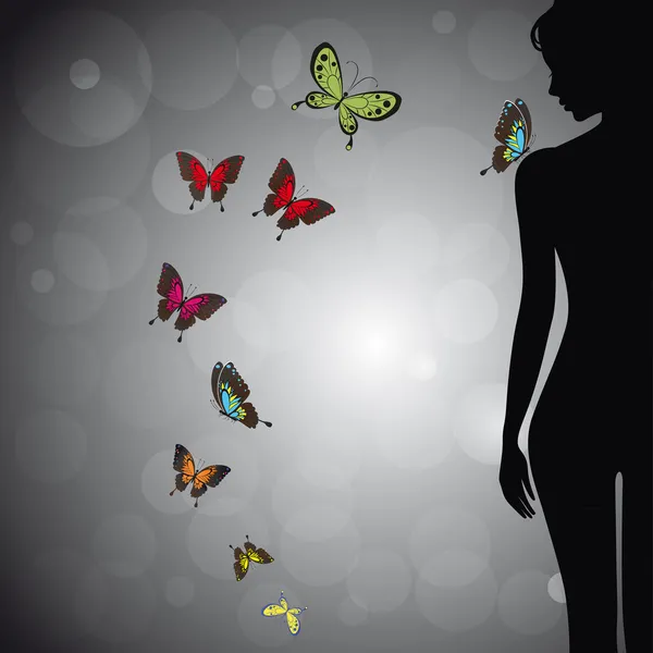 Frau Silhouette mit bunten Schmetterling — Stockvektor