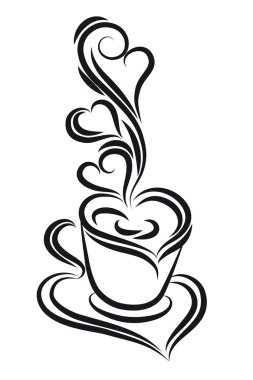 Black and white coffee cup vector. Swirl, curl style. clipart