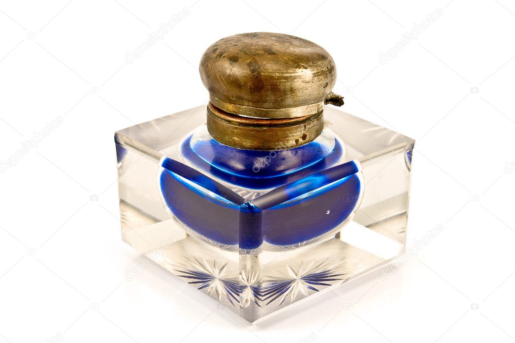 Antique glass inkwell with blue ink